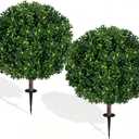 27.5" Artificial Boxwood Topiary Ball Tree, Set of 2 Fake Bushes Shrubs with Ground Spike, UV Resistant Faux Evergreen Boxwood Trees for Front Porch Planters Outdoor Garden Decor