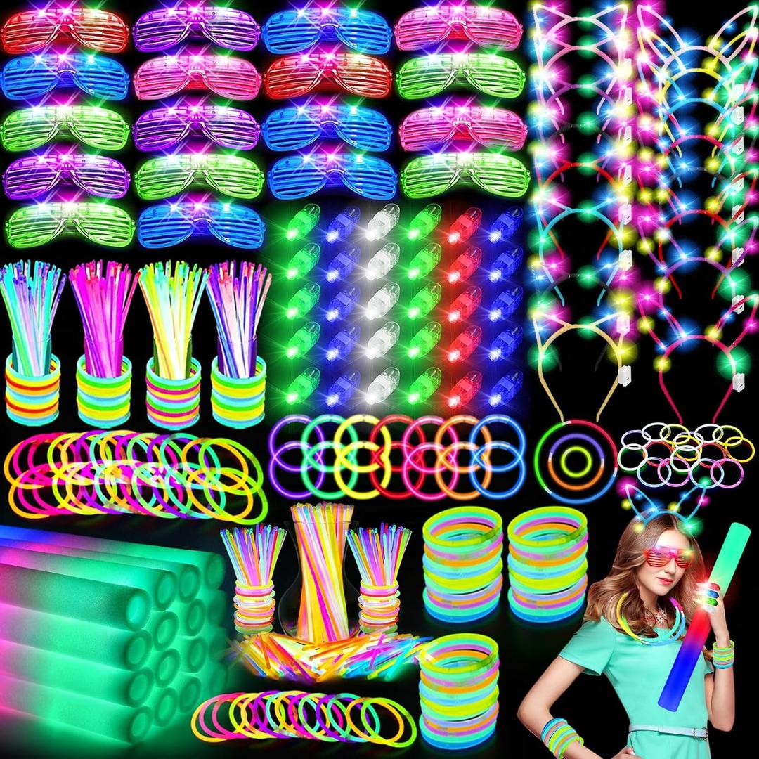 OLUPP 282 PCS Glow in the Dark Party Supplies, 18 Foam Sticks, 18 LED Glasses, 200 Glow Sticks, 30 Finger Lights, 8 Bunny Ear Headband and 8 LED Cat Ear Headband for Wedding,Birthday,Concert,New Year