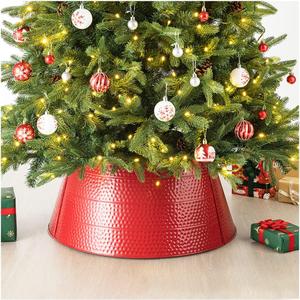 Glitzhome 26" D Red Hammered Metal Tree Collar Tree Base Cover Decorative Christmas Tree Ring for Christmas Decoration, Large