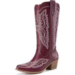 Athlefit Women's Square Toe Cowboy Cowgirl Boots Low Chunky Heel Embroidery Western Mid Calf Boots for Country Concerts, Red, Size 8.5