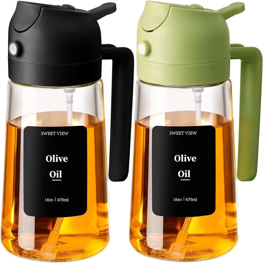 SWEET VIEW 2PCS Olive Oil Sprayer for Cooking, 16oz/470ml Glass Oil Dispenser/Pour Bottle, Kitchen Accessories, Kitchen Gadgets for Air Fryer, Salad, BBQ, with Stickers (Black,Green)