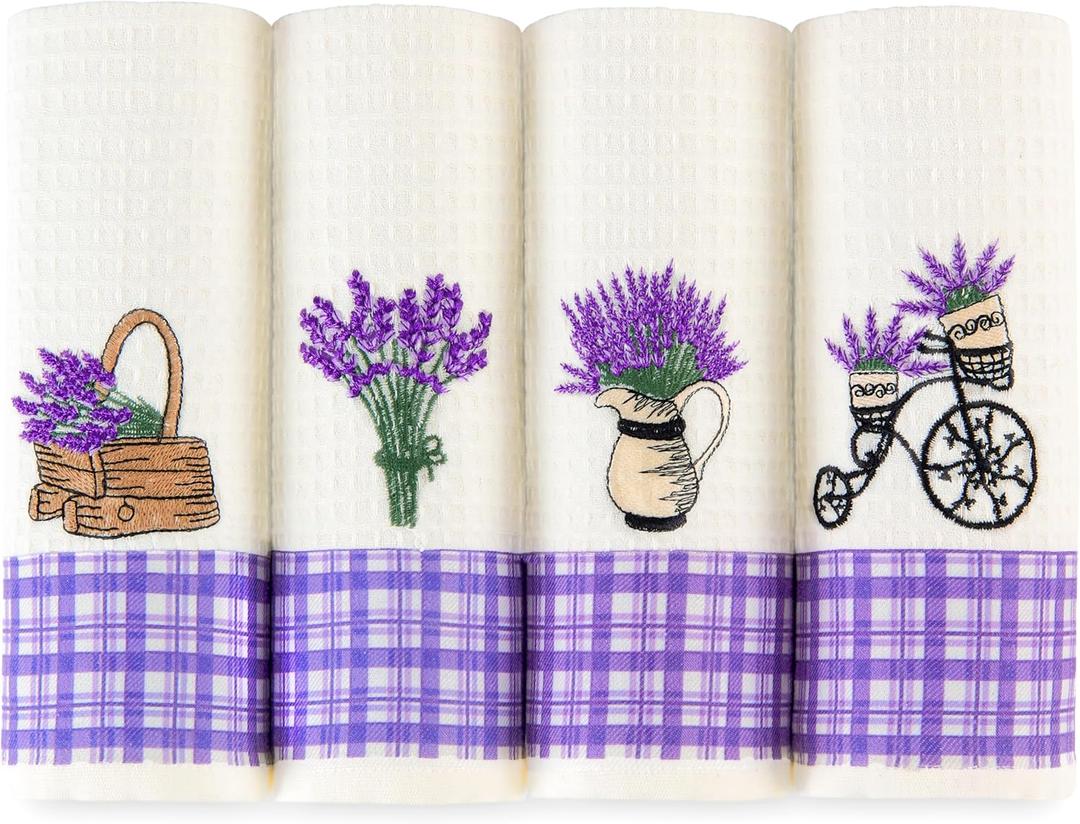 Lavien Home Cotton Kitchen Towels Set of 4 - Lavender Embroidered Tea Towels, Absorbent and Soft Waffle Weave with Plaid, 16x24 inches