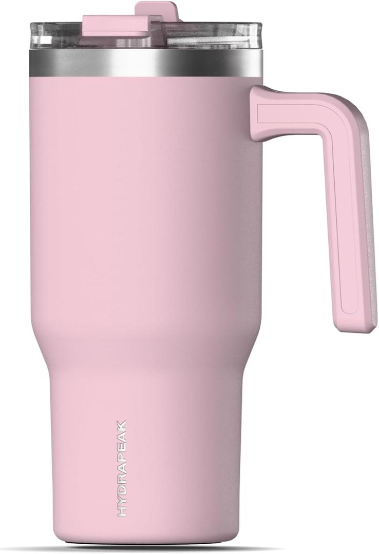 Hydrapeak Voyager 25 Oz Stainless Steel Tumbler with Handle, Insulated Water Bottle With Straw & Lid, Cupholder Friendly Reusable Travel Mug (Baby Pink)