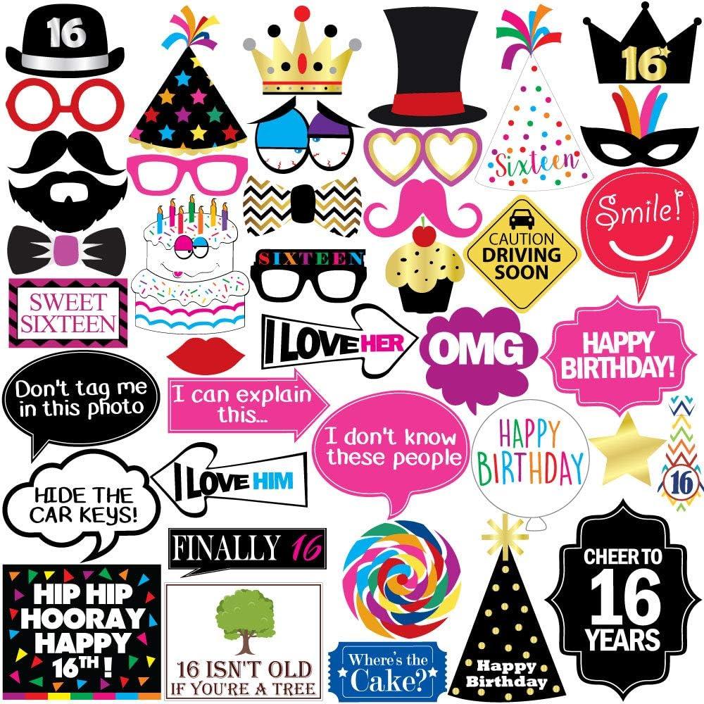 16th Birthday Photo Booth Props - 40 Pieces - Funny Birthday Party Supplies for Him or Her - Photo Booth Decorations, Favors and Gifts