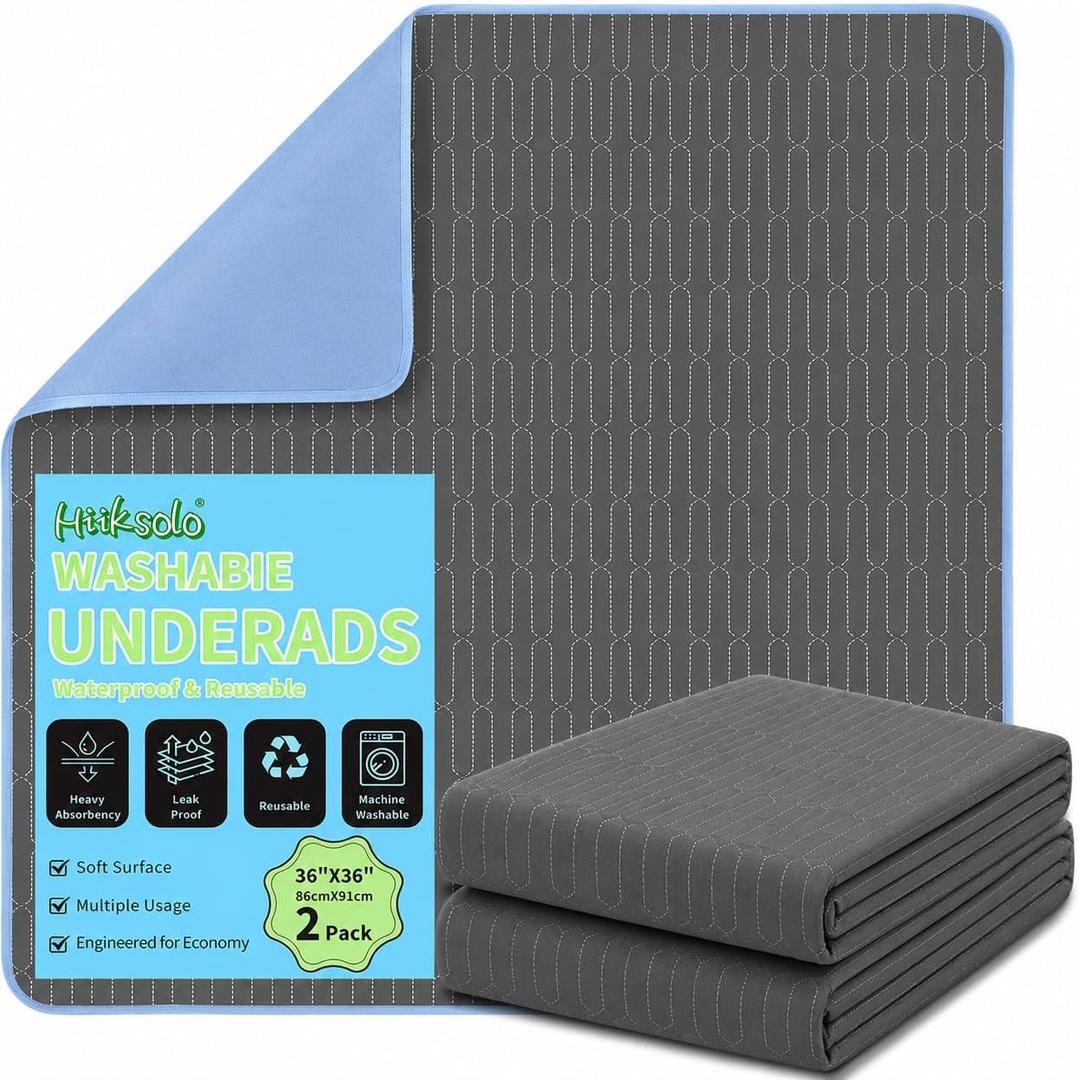 Hiiksolo Washable Underpads with Encased Edges, 18" x 24" 2 Pack Waterproof Heavy Absorbency Reusable Bed Pads, Reusable Washable Pee Pads for Adults, Kids, Incontinence, Dogs (Dark Gray)