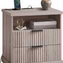 VASAGLE MAXE Collection - Nightstand with Charging Station, Fluted Night Stand, Bedside Table, Mid Century Modern Side End Table, 2 Drawers, 2 AC Outlets, 2 USB Ports, Washed Gray ULET626G01S