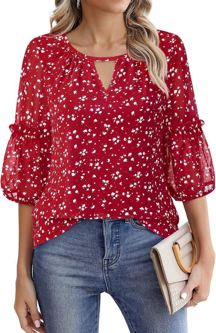 Timeson Women's Business Casual Tops 3/4 Sleeve Chiffon Blouses Office Work Shirts (Medium)