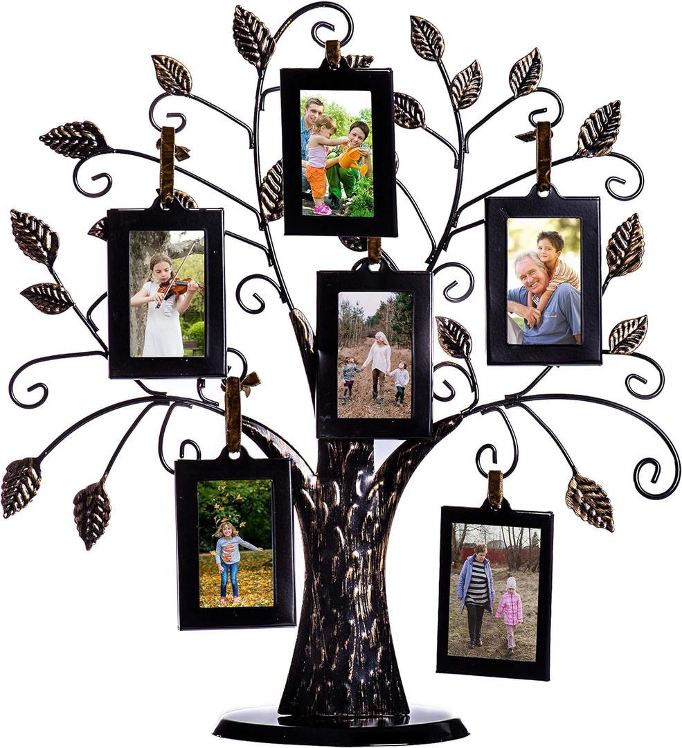 Klikel Family Tree Picture Frame Stand with 6 Hanging Photo Picture Frames - Medium Metal Tree 12 X 11 - Holds 6 Ornamental 2x3 Frames (13")
