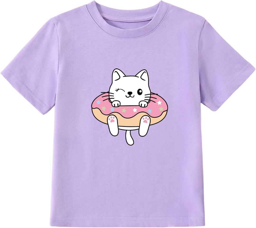 Girl's Cute Cat Graphic T-Shirts Funny Animal Lover Tee (Purple) Size: 6Y