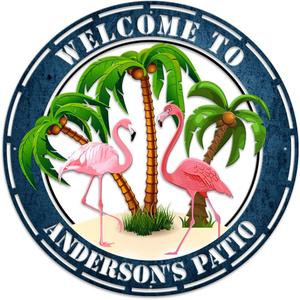 MeMate Flamingo Patio Sign Outdoor Decor, Personalized Metal Sign for Backyard, Custom Name Signs for Garden Porch, Deck, Large Metal Sign for Outside, Housewarming Gifts for Family Friends