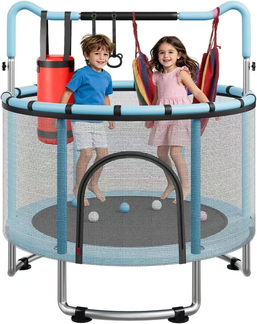 55/60" Trampoline for Kids, 4.5/5 FT Toddler Trampoline with Enclosur Net, Basketball Hoop & Sandbag, 440 LBS Capacity, Adjustable HeightGifts for Ages 3-12 Boys & Girls
