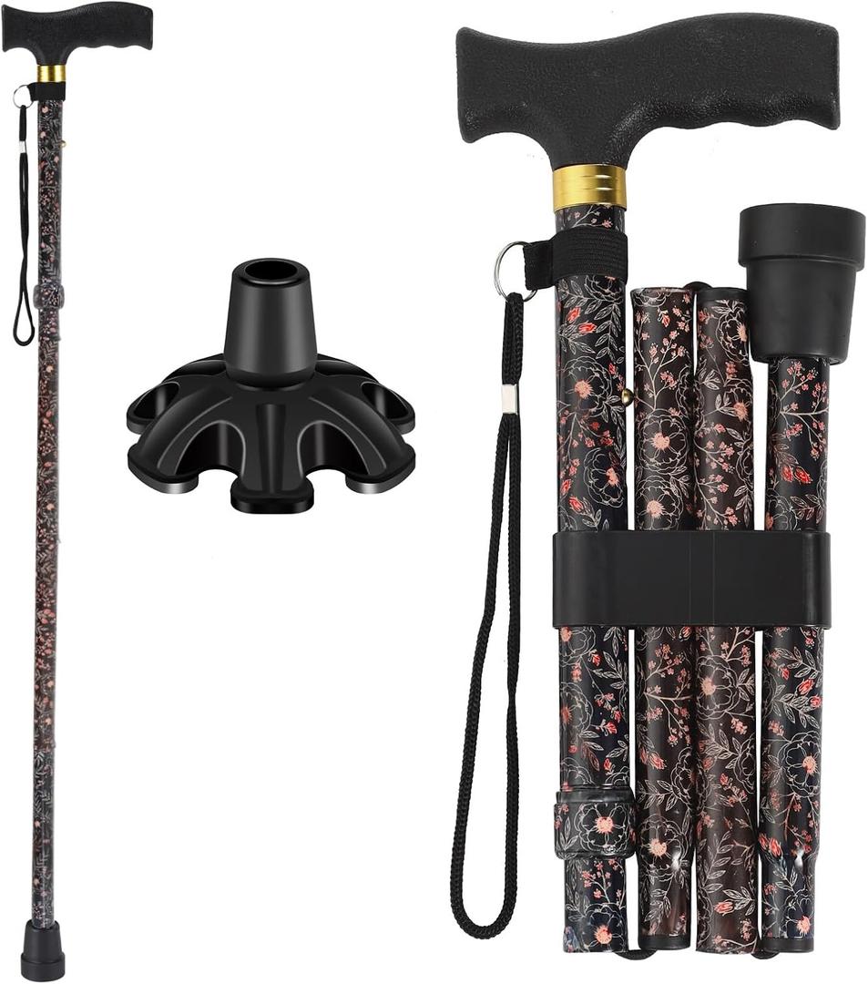 Walking Cane PANZHENG Cane for Man/Woman | Mobility & Daily Living Aids | 5-Level Height Adjustable Walking Stick | Comfortable Plastic T-Handle Portable Walking Stick Folding Cane (balck flower)