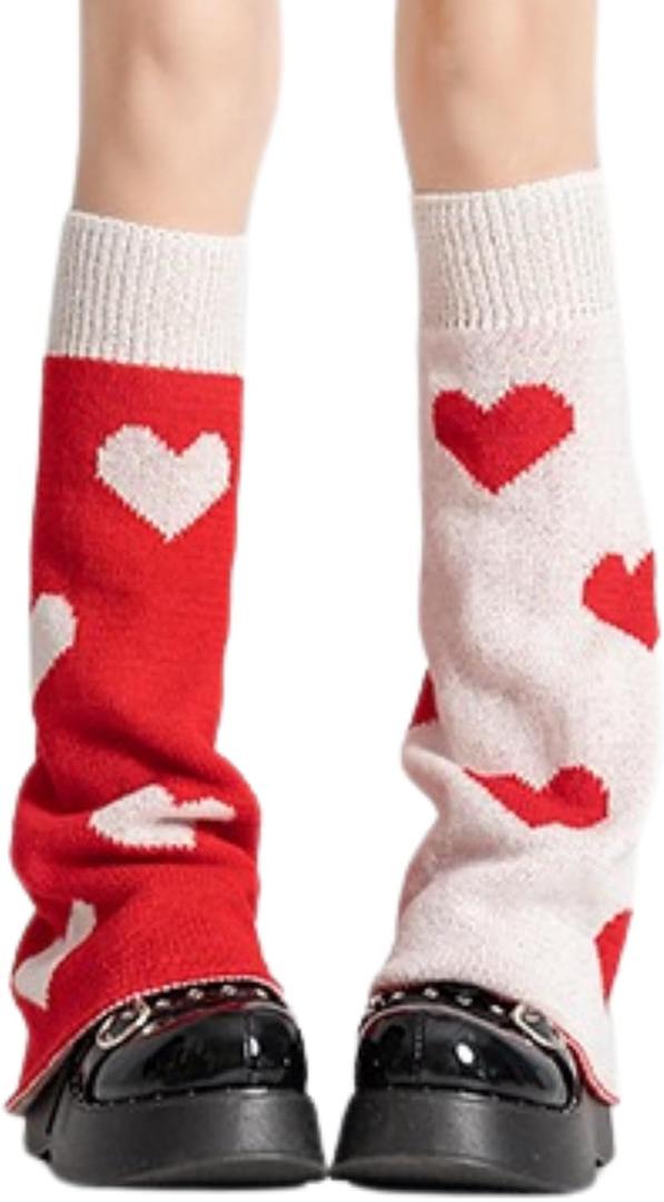 Red Hearts Leg Warmers, Holiday Gift Knee High Socks, Cable Knit Winter Leg Sleeves for Women