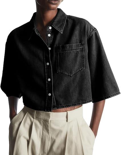Tankaneo Womens Crop Denim Shirt Half Sleeve Button Down Short Jean Jacket with Pocket Size S