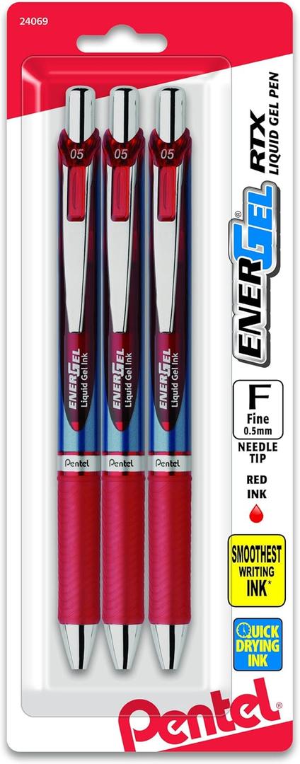 Pentel Gel Ink Pen, EnerGel RTX Retractable Gel Pen, 0.5mm, Needle Tip, Red Ink, 3 Pack (BLN75BP3B)