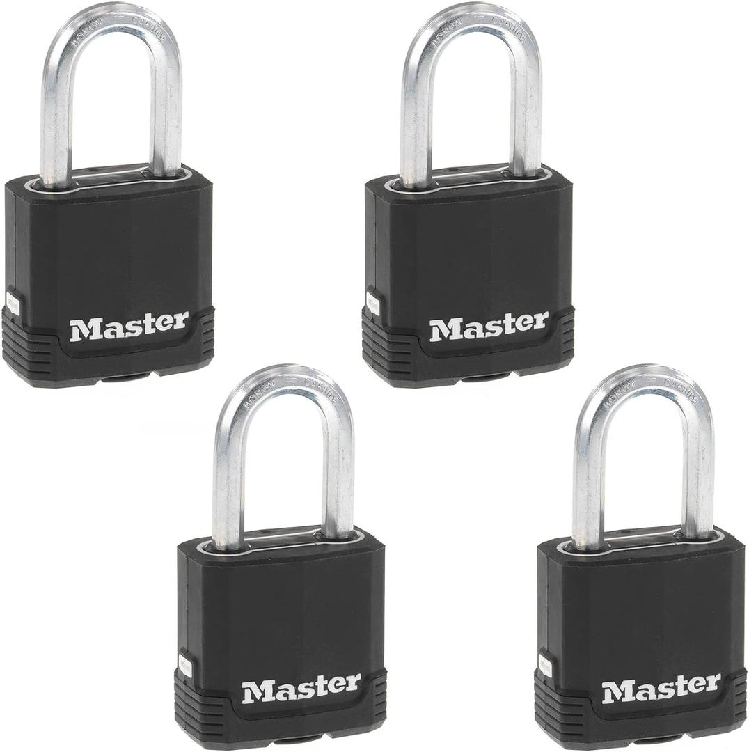 Master Lock Black Key Lock, Heavy Duty Weather Resistant Padlock with Cover, Keyed Alike Padlocks for Outdoor Use, 4 Pack, M115XQLF
