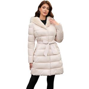 PAPILLON D'OR WEAR YOUR WINGS Women's Long Puffer Coat with Belt, Hood & Furry Lining - Knee-Length Winter Jacket, XL