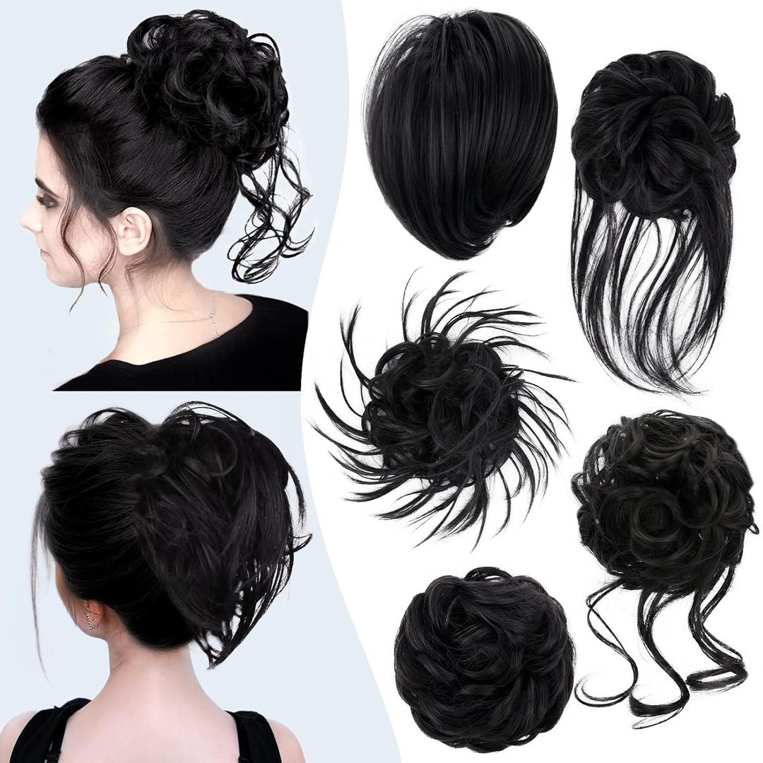 HMD 5 Pieces Messy Hair Bun Hairpiece Tousled Updo for Women Hair Extension Ponytail Scrunchies with Elastic Rubber Band Long Updo Messy Hairpiece Hair Accessories Set for Women 1B (Black)