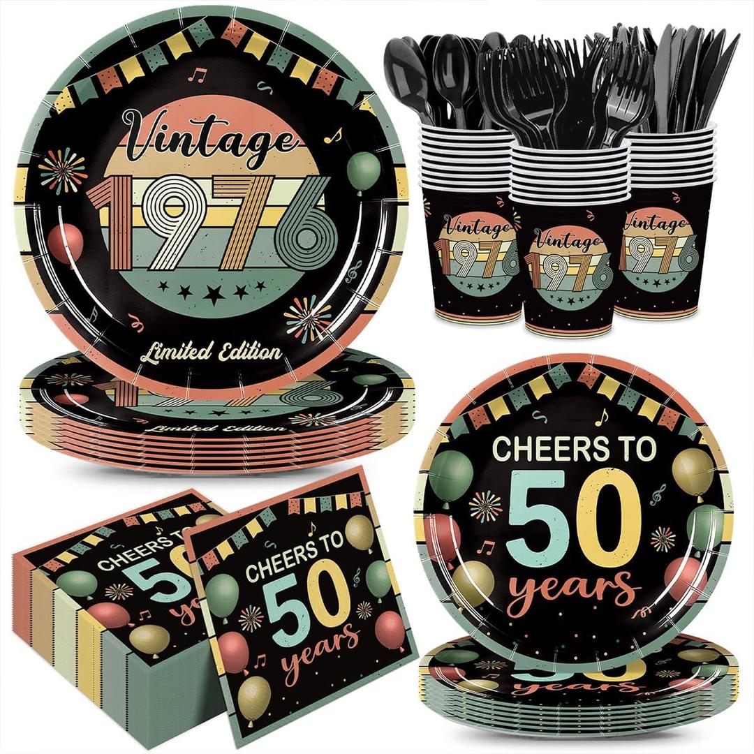 168Pcs Vintage 50th Birthday Plates Napkins Party Supplies Back in 1976 Disposable Tableware Set Paper Cups Black Forks Knives Spoons Cheers to 50 Years for Old Men Women Anniversary Serves 24