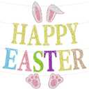 Happy Easter Banner, Bunny Holiday Sign, Rabbit Paw Ears Birthday Bunting, Spring Easter Festival Party Decorations
