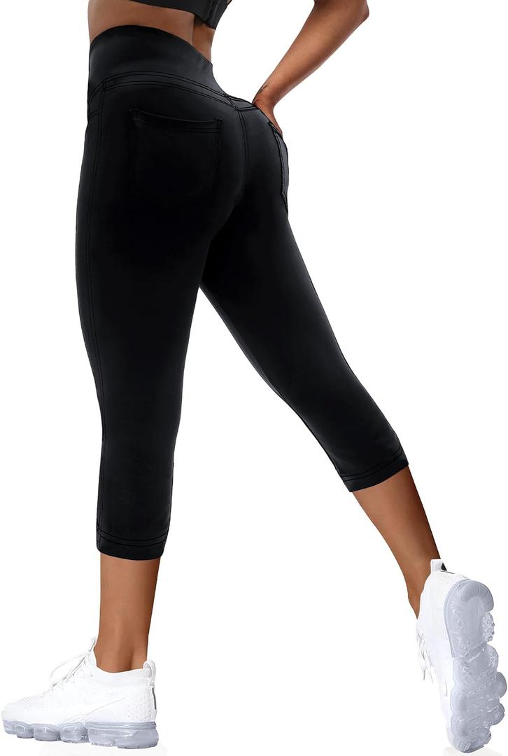 VOOVEEYA Curvy Womens Leggings, High Waisted Yoga Pants with Back Pockets, Tummy Control - Buttery Soft - Stretchy (Fit Type: Capri-19 Inseam, Size: X-Large)