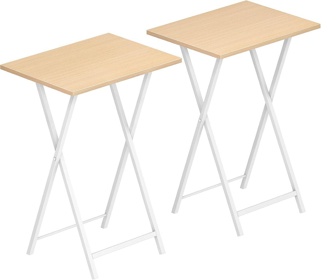 HOOBRO Folding TV Tray Tables, Set of 2 Side Table for Small Space, Industrial Snack Tables for Eating at Couch, Stable Metal Frame, Easy Assembly, Space Saving, Natural and White WN25BZ01, 18.9"L x 14.2"W x 26.2"H