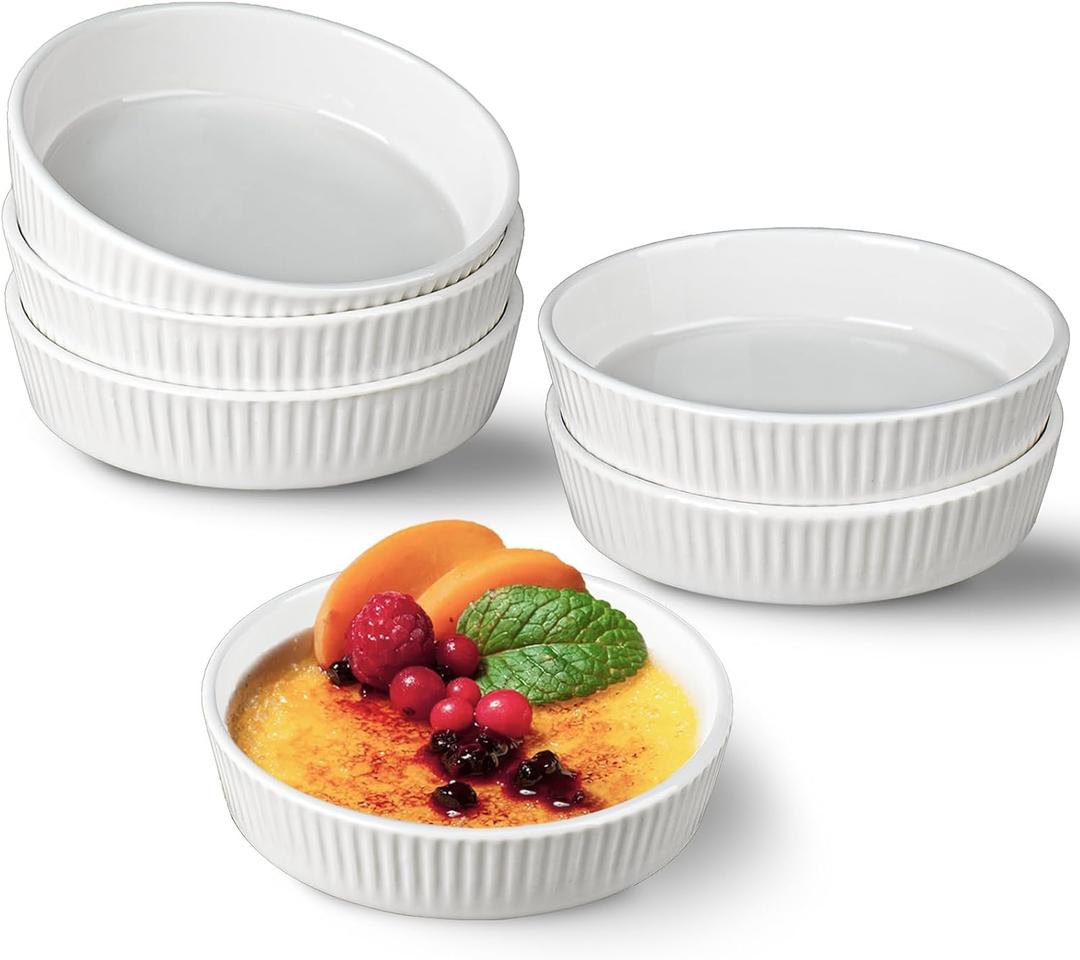 Ramekins 8 oz - Oven Safe Shallow Ramekins for Creme Brulee Dishes- Ceramic Souffle Dishes Quiche Dish Mini Tart Pans for Individual Serving,White Puddings Cups Small Pie Pan Sauce Ramiken Set of 6