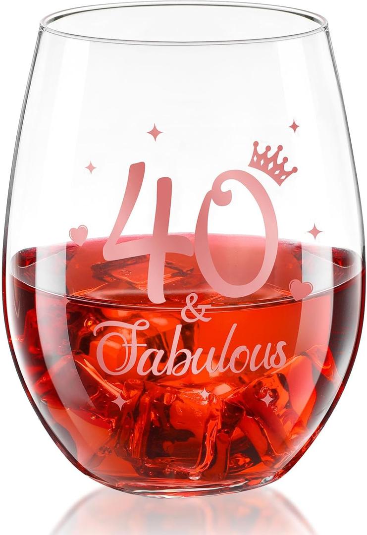 Patelai Stemless Birthday Wine Glass Birthday Gifts Present Anniversary Glasses for Man Women Party Wedding Anniversary Decorations, 17 oz(40 and Fabulous)