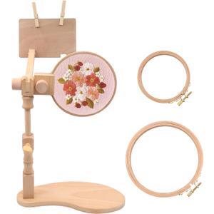 ZOCONE Beech Wood Adjustable Rotated Embroidery Hoop Stand with 2 Pcs Hoops 4'' 6'', Wooden Embroidery Stand Hands-Free Cross Stitch Hoop Holder for Sewing Needlework Embroidery Project (A)