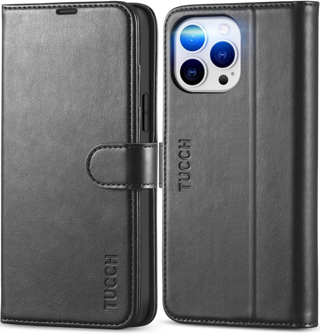 TUCCH Wallet Case for iPhone 13 Pro Max, RFID Blocking, 4 Card Slots, Stand Shockproof TPU Interior Shell, PU Leather Magnetic Flip Cover, Black