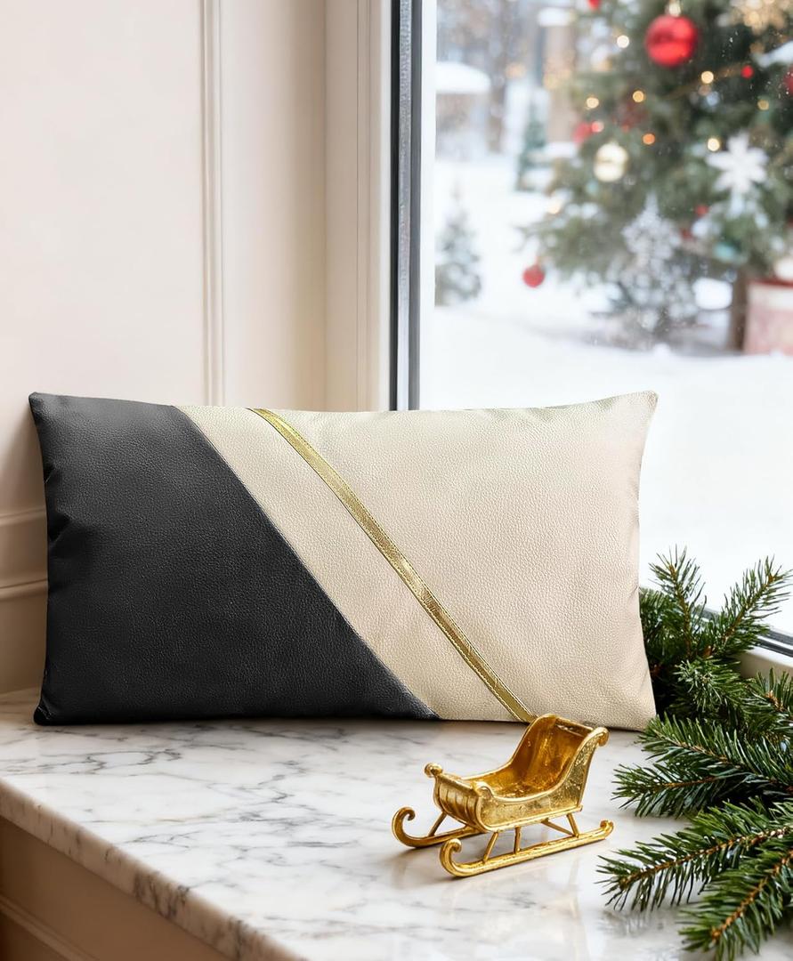 Christmas Lumbar Pillow Case, Leather Black White Decorative Throw Pillows Covers for Couch 12X20 Inch, Oblong Waterproof Modern Farmhouse Cushion Cover with Living Room and Bed