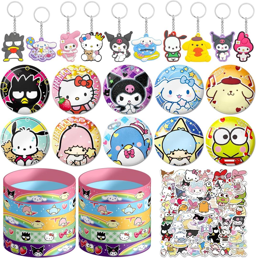 Kitty Birthday Party Supplies,Party Favors Include 10 Silicone Wristbands,10 Button Pins,10 Key Chains and 50 Stickers