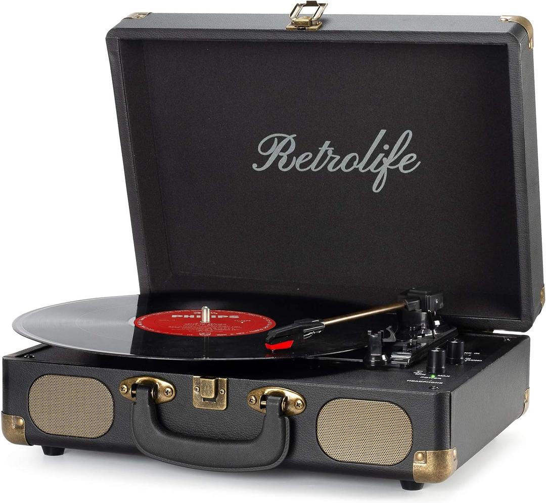 Vinyl Record Player 3-Speed Bluetooth Suitcase Portable Belt-Driven Record Player with Built-in Speakers RCA Line Out AUX in Headphone Jack Vintage Turntable (black)