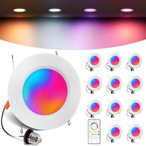 Smart Recessed Lighting 6 Inch, RGBCW Color Changing Smart Can Light Bluetooth Connect, Flicker Free, 13W 1300LM, Dimmable Retrofit Downlight Works with Alexa Voice & App Control, 12 Pack