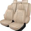 HChengkikz Car Seat Covers Full Set, Breathable and Waterproof Napa Leather Car Seat Cover, Interior Universal Fit for Cars, Sedans, SUVs, Vans, Trucks (Full Seat, Beige)