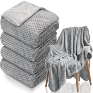 4 Pack Fleece Throw Blankets 50x60 Inches - 270 GSM Ultra Soft Plush Flannel for Bed Couch Sofa, Lightweight Warm 3D Waffle Texture, No Shedding No Pilling All Season Throw (Gray)