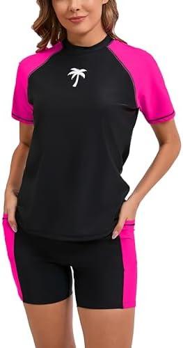 Halcurt Women's Two Piece Rash Guard Swim Shirts Built in Bra Swimsuit with Boyshorts with Pockets,2XL