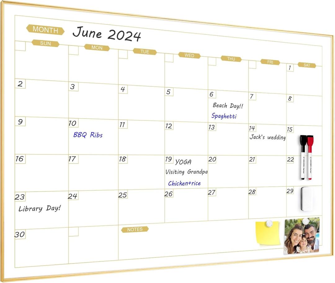 ARCOBIS Monthly Calendar Whiteboard, 36" x 24" Magnetic Dry Erase Calendar with Gold Frame, Wall Planner Board for Home, Office, School