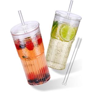 NiHome High Borosilicate Glass Tumbler Cup with Lid and Straw, 22oz Clear Iced Coffee Glass Cups Drinking Jars Glasses Smoothie Tea Cup with Straws, Wide Mouth Water Tumbler With Muffler Ring - 2 Pack