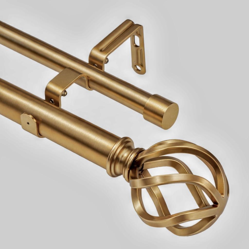 Gold Double Curtain Rods, Heavy Duty Decorative Drapery Rod 36-72 Inches, Telescoping Drapery Rod with Twisted Cage Finials