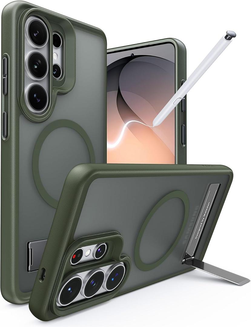 Maledan Strong Magnetic & Kickstand for Samsung Galaxy S26 Ultra Case, Fit for Mag-Safe, Mil-Grade Drop Protection, Seamless Stand for Galaxy S26 Ultra Case, Translucent Back/Green Edge