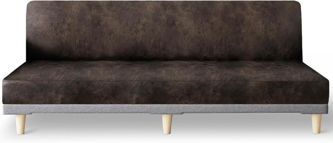 molasofa Leather Like Stretch Futon Slipcover Armless Futon Bed Sofa Cover Furniture Protector with Elastic Bottom, Soft and Washable Futon Cover for Sofa Bed Stay in PlaceX LargerDark Brown