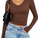 Avidlove Womens Long Sleeve Tops Double Lined V Neck Top Fitted Basic T Shirts Going Out Tops with Panties (Small, Brown)