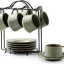 Espresso Cups Set of 6, 4 oz Demitasse Cups with Saucer and Metal Stand Small Coffee Cup Set, Porcelain Cappuccino Cups for Latte, Cafe Mocha and Tea, Green