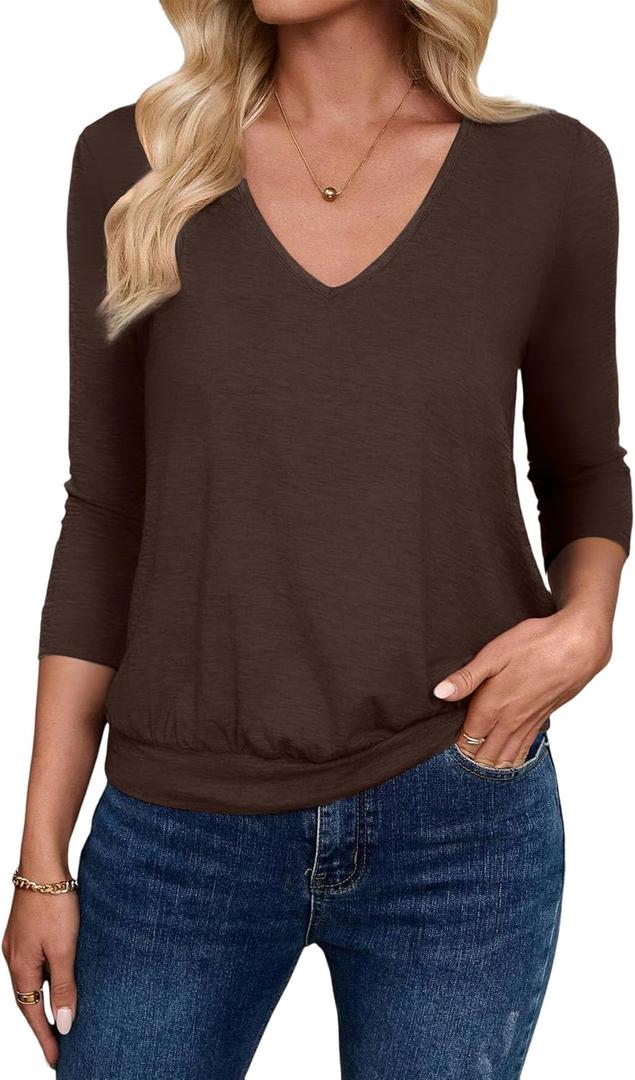 Sialois 3/4 Length Sleeve Womens Tops V Neck Blouse Banded Bottom Shirts Fashion Tunic 2026 Fall Tees Spring Summer Clothes (Large, Chocolate Brown)