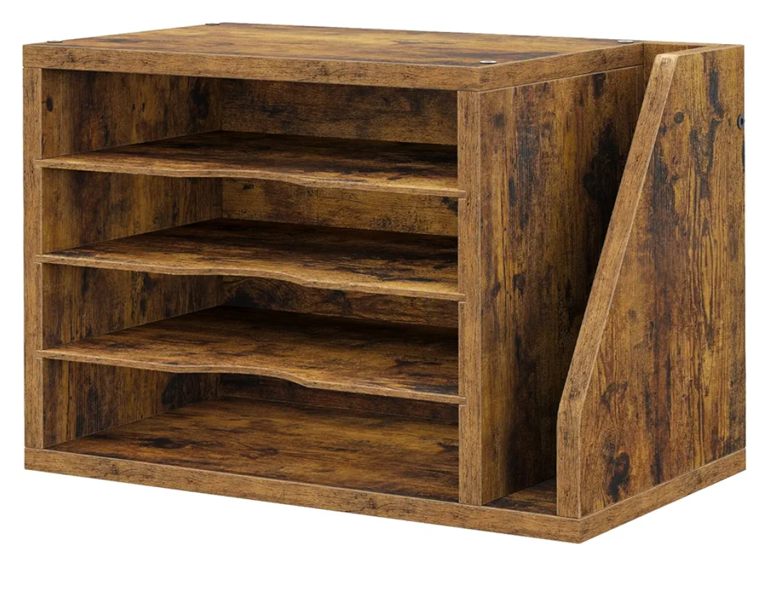 File Organizer Desktop, Wood Desk Organizer with 3 Adjustable Shelves, Mail Paper Sorter for Office, Home, File Holders for Envelopes, Mail Supplies or Magazines, Rustic Brown