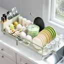 Urackify Large Dish Drying Rack, Expandable Dish Racks for Kitchen Counter, Multifunctional Dish Drainer with Utensil Holder & Cup Holder, 18.5"-26.7" L x 12.7" W, Soft Celery Green