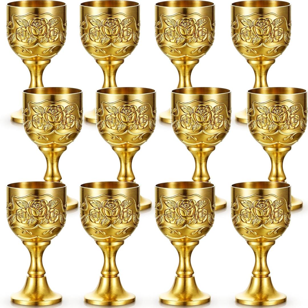 Nosiny 12 Pcs Mini Chalice Goblet Vintage Gold Copper Wine Small Chalice Cup Medieval Wine Glasses Zinc Alloy Flower Embossed Shot Glasses for First Communion Altar Drinking (1 oz)