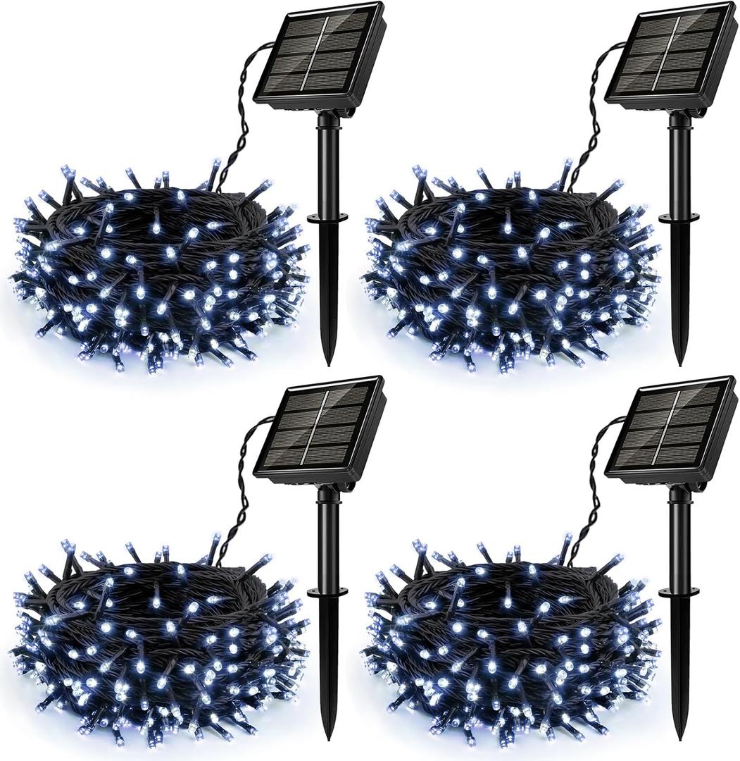 Pack of 4 Solar String Lights for Outside, 400 LED Solar Christmas Lights Outdoor Waterproof with 8 Modes Solar Fairy Lights for Xmas Tree Party Wedding Garden Fence Decorations (White)