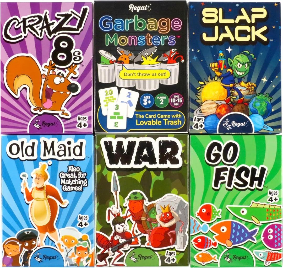 Regal Games Card Games for Kids - Go Fish, Crazy 8's, Old Maid, Slap Jack, Garbage Monster, War - Simple & Fun Classic Family Table Games - Games (6 Set) (Original 6 Pack)